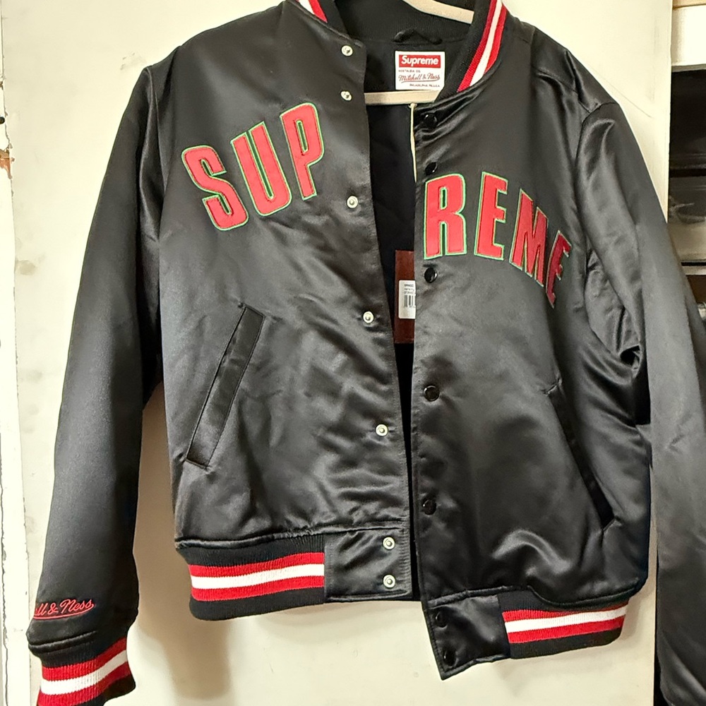 Supreme Mitchell & Ness Satin Varsity Jacket with Red and Green Details
